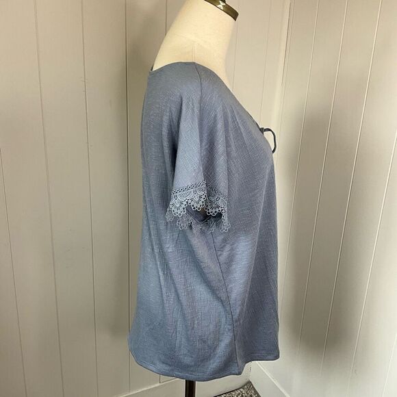 Fred David Womens Large Pullover Tie Neck Top Blue Tassels Textured Short Sleeve - Picture 5 of 13